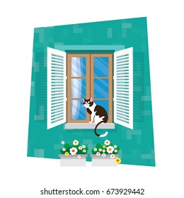 Elements of architecture - window. Flat style. For interior and exterior use. Curtain.Flower. CatbVector