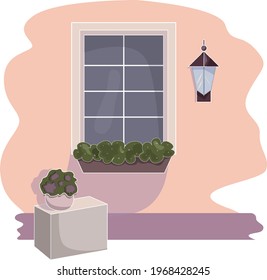 Elements of architecture , window frame  outside the house. Cartoon old european town. Window with flower pots on a wall. Vector illustration