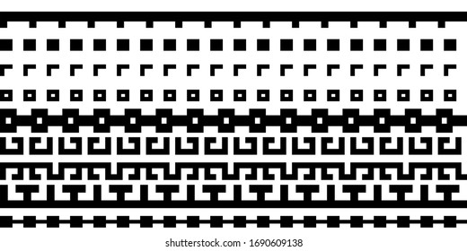 Elements of artistic ornament, borders, black on white background. Seamless pattern, vector design.