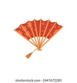 Elements of Asian culture. Bright red half-open fan symbolizing good luck in flat vector illustration. Traditional item for design on isolated background.