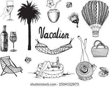 Elements associated with recreation and adventure. Hand drawn illustration.