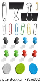 Elements for attaching paper: pin, plasticine and paperclip set