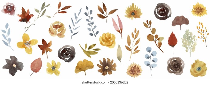 Elements Of Autumn Leaves Painted In Watercolor.