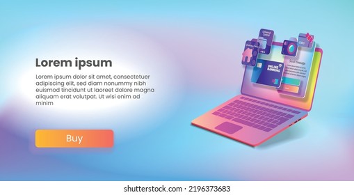 Elements of the banking interface and web icons on the laptop screen. Vector banner
