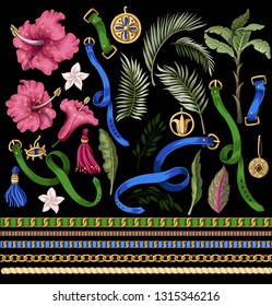 Elements of belts, chains and tropical leaves and flowers. For trendy fashion print