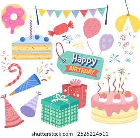 Elements for a birthday party. Happy birthday greeting vector design. Cake, Gifts, Candy, Donut, ballon and firework.