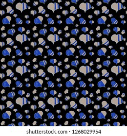 Elements black, blue and beige colors on background. Vector pattern for your creativity. Seamless festive texture with doodle hearts and love inscription.