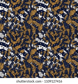 Elements black, blue, beige, white and gray on colors. Seamless Print. Vector illustration. Cute fabric pattern. Flat doodles. Design.