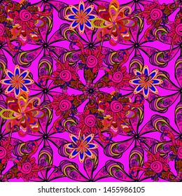 Elements black, brown and magenta on colors. Flat doodles. Design. Cute fabric pattern. Seamless Print. Vector illustration.