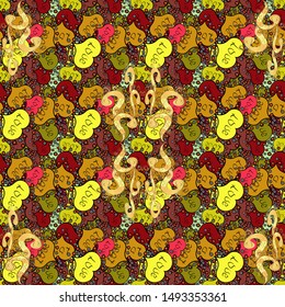 Elements black, red and yellow on colors. Flat doodles. Seamless Print. Design. Vector illustration. Cute fabric pattern.