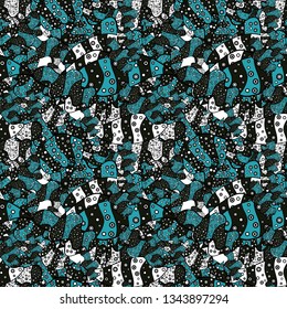 Elements blue, black and gray on colors. Vector illustration. Seamless Print. Flat doodles. Cute fabric pattern. Design.