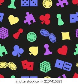 Elements of a board game, cards, checkers, chips, dominoes on a black background. Doodle style. Seamless vector pattern for board games store.