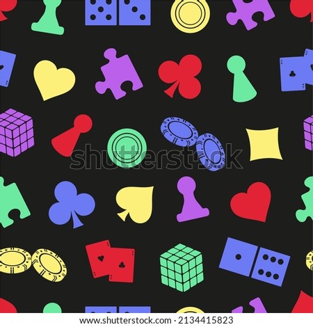 Elements of a board game, cards, checkers, chips, dominoes on a black background. Doodle style. Seamless vector pattern for board games store.
