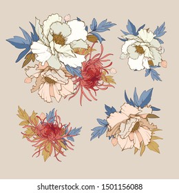 Elements of bouquets of peonies and chrysanthemums for your projects