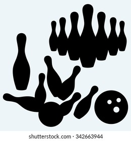 Elements bowling. Skittles and ball. Isolated on blue background. Vector silhouettes