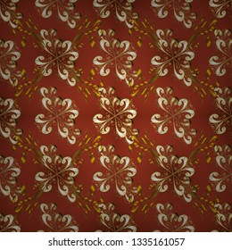 Elements with brown and red colors. Snowflakes with different ornaments. Simple Christmas seamless pattern with geometric motifs. Vector illustration. Retro textile collection.