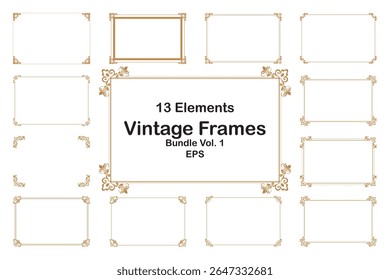 Elements bundle of ornate vintage frames. Border gold on white classic swirls, floral motifs. Design print for greeting cards, wedding invitations, restaurant menu, royal certificates. Set 1