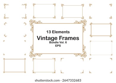 Elements bundle of ornate vintage frames. Border gold on white classic swirls, floral motifs. Design print for greeting cards, wedding invitations, restaurant menu, royal certificates. Set 6