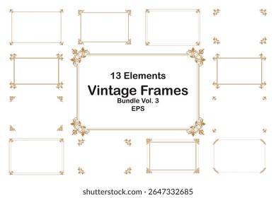 Elements bundle of ornate vintage frames. Border gold on white classic swirls, floral motifs. Design print for greeting cards, wedding invitations, restaurant menu, royal certificates. Set 3