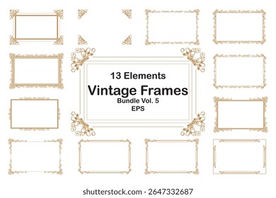 Elements bundle of ornate vintage frames. Border gold on white classic swirls, floral motifs. Design print for greeting cards, wedding invitations, restaurant menu, royal certificates. Set 5