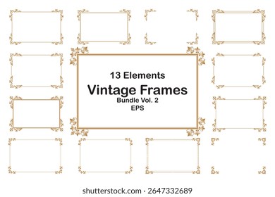 Elements bundle of ornate vintage frames. Border gold on white classic swirls, floral motifs. Design print for greeting cards, wedding invitations, restaurant menu, royal certificates. Set 2