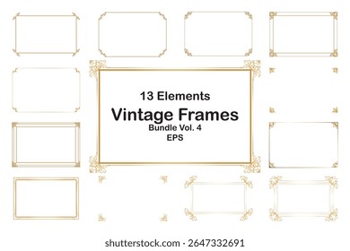 Elements bundle of ornate vintage frames. Border gold on white classic swirls, floral motifs. Design print for greeting cards, wedding invitations, restaurant menu, royal certificates. Set 4