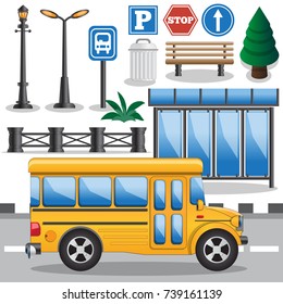 Elements of a bus stop. Isolated on white background. Vector illustration.
