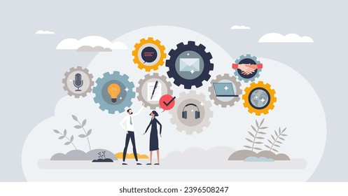 Elemente der Geschäftskommunikation und Konversation winzige Person Konzept. Partnergespräche über E-Mail-Nachrichten und Gespräche für eine erfolgreiche Schließung von Unternehmensvereinbarungen Vektorgrafik.