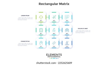 Elements of business success rectangular matrix infographic design template. 9 options of effective corporate work. Legal project development. Grid chart with icons and text. Visual data presentation