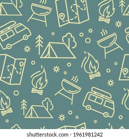 Elements of Camping, family tourism. A camping tent, a burning campfire, a map, a barbecue, and a van. Family camp in the woods, hiking items vector seamless pattern of icons in a linear style.