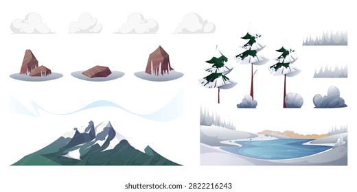 Elements of cartoon winter forest landscape. Vector isolated river or lake covered with ice, snowy mountains and rocky structures, spruce trees and bushes covered with hoarfrost, fluffy clouds