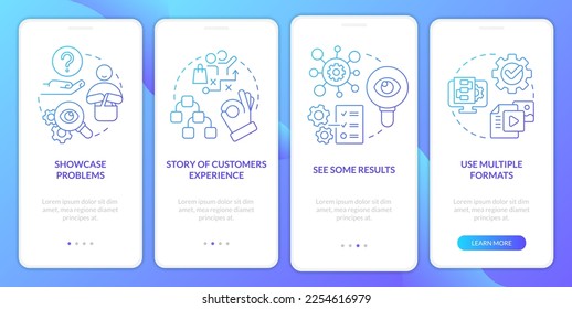 Elements of case study blue gradient onboarding mobile app screen. Structure walkthrough 4 steps graphic instructions with linear concepts. UI, UX, GUI template. Myriad Pro-Bold, Regular fonts used