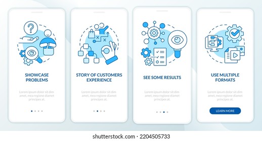 Elements of case study blue onboarding mobile app screen. Structure walkthrough 4 steps editable graphic instructions with linear concepts. UI, UX, GUI template. Myriad Pro-Bold, Regular fonts used