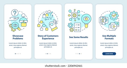 Elements of case study onboarding mobile app screen. Structure walkthrough 4 steps editable graphic instructions with linear concepts. UI, UX, GUI template. Myriad Pro-Bold, Regular fonts used