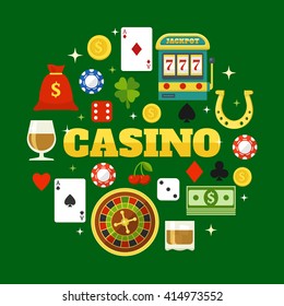 Elements of casino flat icons set in shape of circle on green background isolated vector illustration