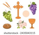 Elements of Catholic First Communion. Vector set. Golden bowl for wine, bread, wine, grapes, cross, white roses. Beautiful invitation design elements.
