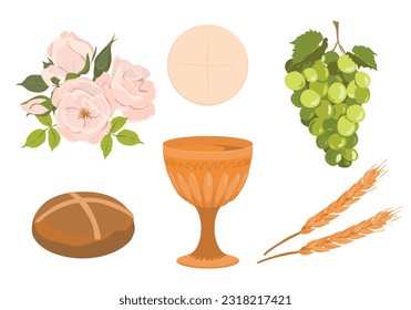 Elements of a catholic first communion. Vector set. Golden bowl for wine, bread, wine, grapes, white roses. Elements for beautiful invitation design.