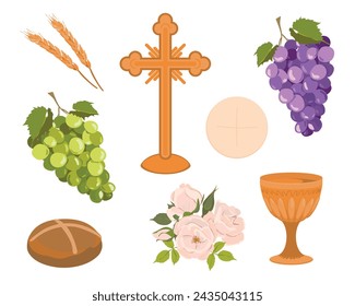 Elements of Catholic First Communion. Vector set. Golden bowl for wine, bread, wine, grapes, cross, white roses. Beautiful invitation design elements.