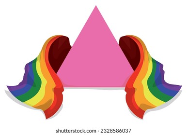 Elements to celebrate Pride: pink triangle covered with rainbow flags in cartoon style.