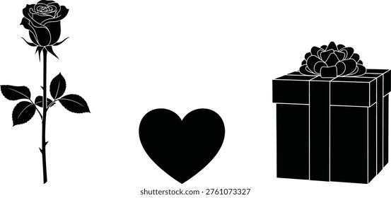 Elements for celebration: single stem flower, symbol of affection, and wrapped present.