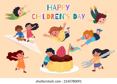 Elements of children in short sleeves flying, playing, and getting hungry with a text of Happy Children Day on the top