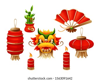 Elements for Chinese traditional Happy New Year with lantern dragon mask red burning candles amulet fan cartoon vector illustration