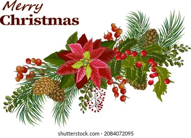 Elements of Christmas decor in illustrations.Christmas vector illustration with greeting text and decor on transparent background.