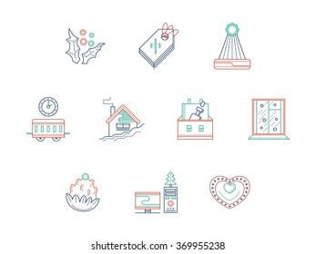 Elements of Christmas and New Year celebrations. New Year in a way, at work, at a ski resort. Color line style vector icons set.  Web design for business, website and mobile.