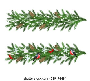 Elements for Christmas and New Year design isolated on white. Garlands of green fir branches with snowflakes, cones, red berries, toys: rabbits, bullfinches. Can be connected in a longer strip