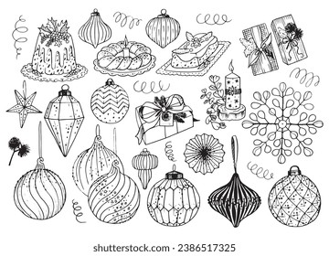 Elements christmas new year icons christmas tree toy cake dessert food gift candle plant ribbon decor decoration party star branch house winter leaf leaves snow ball bird owl tree fir 