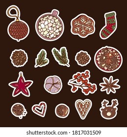 Elementos para el diseño de empaquetado de Navidad y año nuevo. Ilustración de pan de jengibre, conos de pino, juguetes navideños, ramas de árboles de Navidad.
