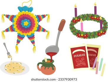 Elements in a Christmas posada. Piñata, punch, advent wreath, litany and food. Religious and cultural tradition in Mexico. Vector