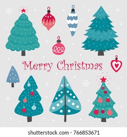 Elements of Christmas trees and Christmas decorations. Performed in the style of doodle. Vector illustration.
