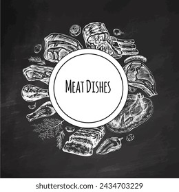 Elements in circle. Meat and vegetables menu template in engraved vintage style on chalkboard background. Hand-drawn colored sketches of barbecue meat with herbs and seasonings.